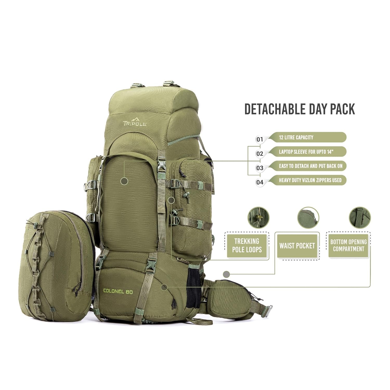 Tripole Colonel Metal Frame Rucksack with Detachable Bag & Rain Cover for Trekking & Travelling | Men & Women | 3 Year Warranty (Olive Green, 80 Litres) 3 Tripole Colonel Metal Frame Rucksack with Detachable Bag & Rain Cover for Trekking & Travelling | Men & Women | 3 Year Warranty (Olive Green, 80 Litres) - Image 3
