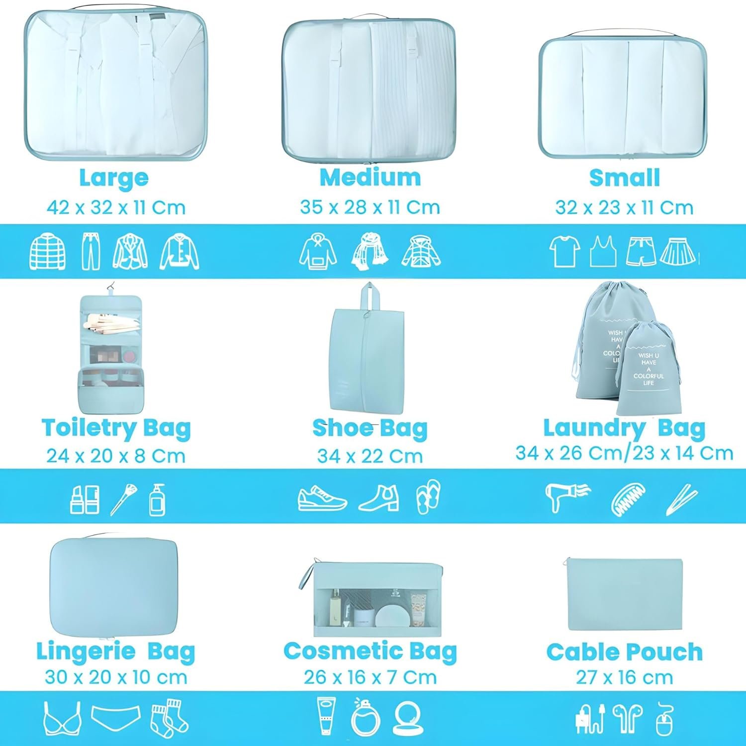 Mesh Packing Cubes Organiser for Travel, Travel Organizer Bags for Luggage, Suitcase includes 2 Drawstring Bags, Shoe Bag and Toiletry Bag with Hook - Set of 10 - Sky Blue, 32 x 11 cm 3 Mesh Packing Cubes Organiser for Travel, Travel Organizer Bags for Luggage, Suitcase includes 2 Drawstring Bags, Shoe Bag and Toiletry Bag with Hook - Set of 10 - Sky Blue, 32 x 11 cm - Image 3