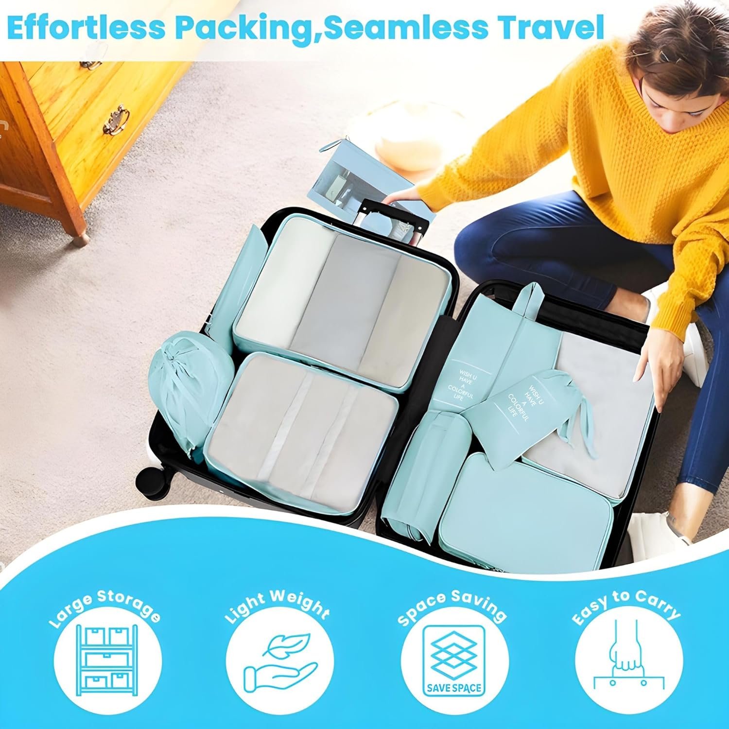 Mesh Packing Cubes Organiser for Travel, Travel Organizer Bags for Luggage, Suitcase includes 2 Drawstring Bags, Shoe Bag and Toiletry Bag with Hook - Set of 10 - Sky Blue, 32 x 11 cm 4 Mesh Packing Cubes Organiser for Travel, Travel Organizer Bags for Luggage, Suitcase includes 2 Drawstring Bags, Shoe Bag and Toiletry Bag with Hook - Set of 10 - Sky Blue, 32 x 11 cm - Image 4