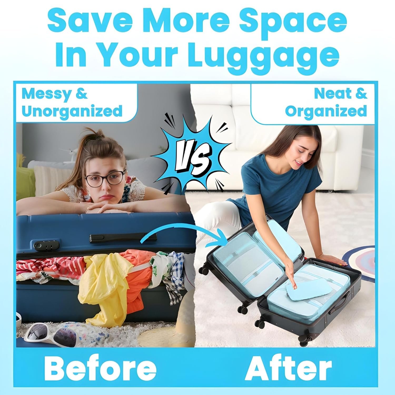 Mesh Packing Cubes Organiser for Travel, Travel Organizer Bags for Luggage, Suitcase includes 2 Drawstring Bags, Shoe Bag and Toiletry Bag with Hook - Set of 10 - Sky Blue, 32 x 11 cm 5 Mesh Packing Cubes Organiser for Travel, Travel Organizer Bags for Luggage, Suitcase includes 2 Drawstring Bags, Shoe Bag and Toiletry Bag with Hook - Set of 10 - Sky Blue, 32 x 11 cm - Image 5