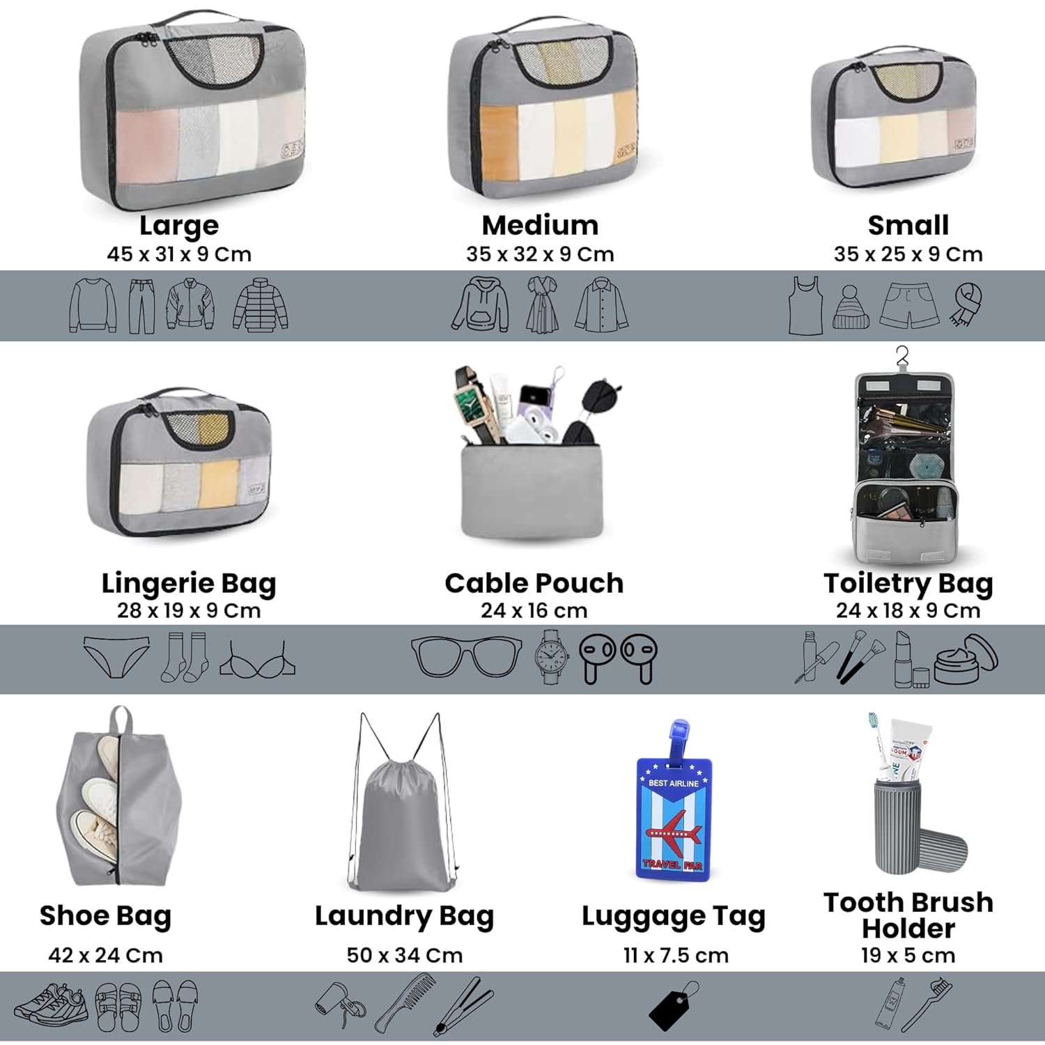 Set of 10 Packing Cubes with Luggage Tag and Toothbrush Holder, Travel Organizer Bags for Luggage, Suitcase Storage for Clothes, Shoes, and Lingerie | Model 2.0 – Grey - Image 3