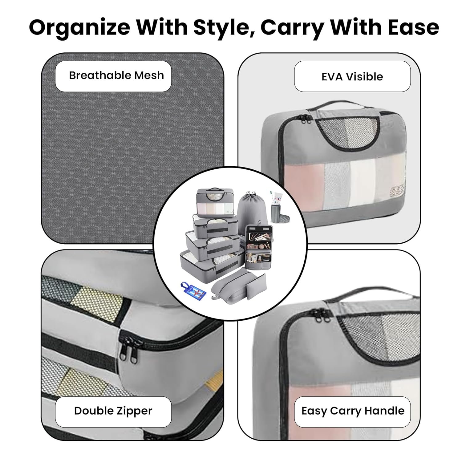 Set of 10 Packing Cubes with Luggage Tag and Toothbrush Holder, Travel Organizer Bags for Luggage, Suitcase Storage for Clothes, Shoes, and Lingerie | Model 2.0 – Grey - Image 4