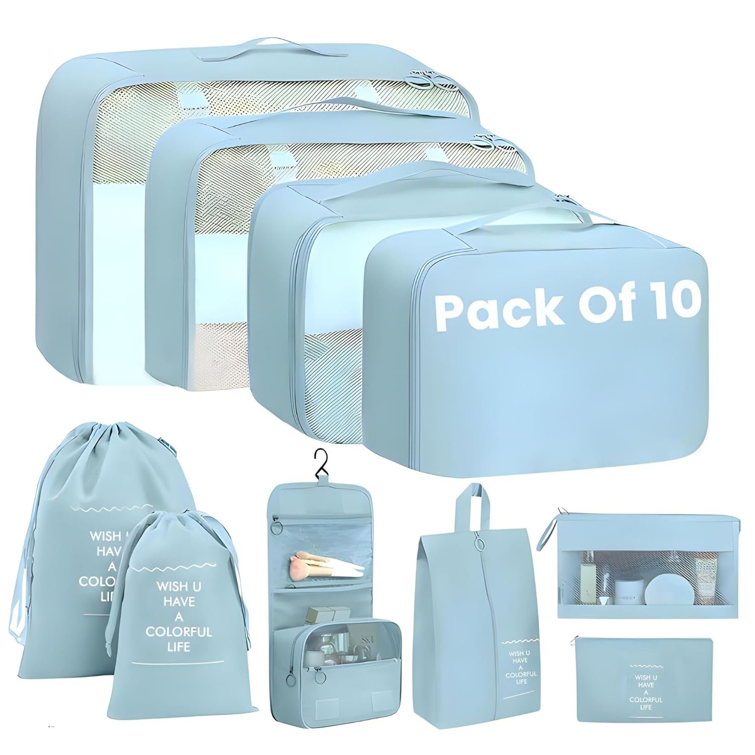 Mesh Packing Cubes Organiser for Travel, Travel Organizer Bags for Luggage, Suitcase includes 2 Drawstring Bags, Shoe Bag and Toiletry Bag with Hook - Set of 10 - Sky Blue, 32 x 11 cm 2 Mesh Packing Cubes Organiser for Travel, Travel Organizer Bags for Luggage, Suitcase includes 2 Drawstring Bags, Shoe Bag and Toiletry Bag with Hook - Set of 10 - Sky Blue, 32 x 11 cm - Image 2